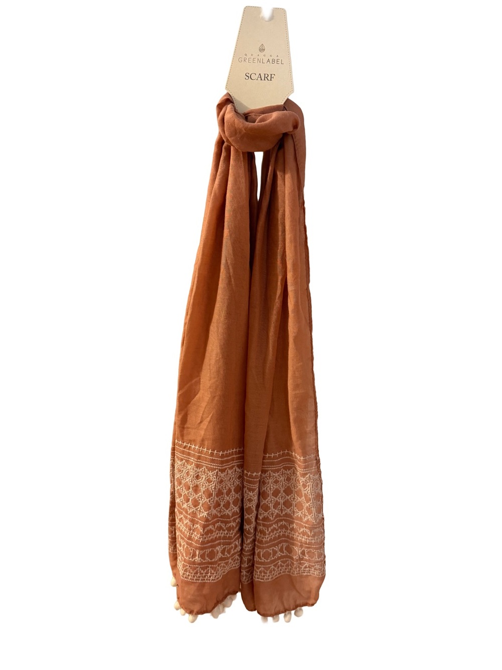 NWT Quagga Green Label Terracotta Scarf Geometric Embroidery & Pom Poms (A)